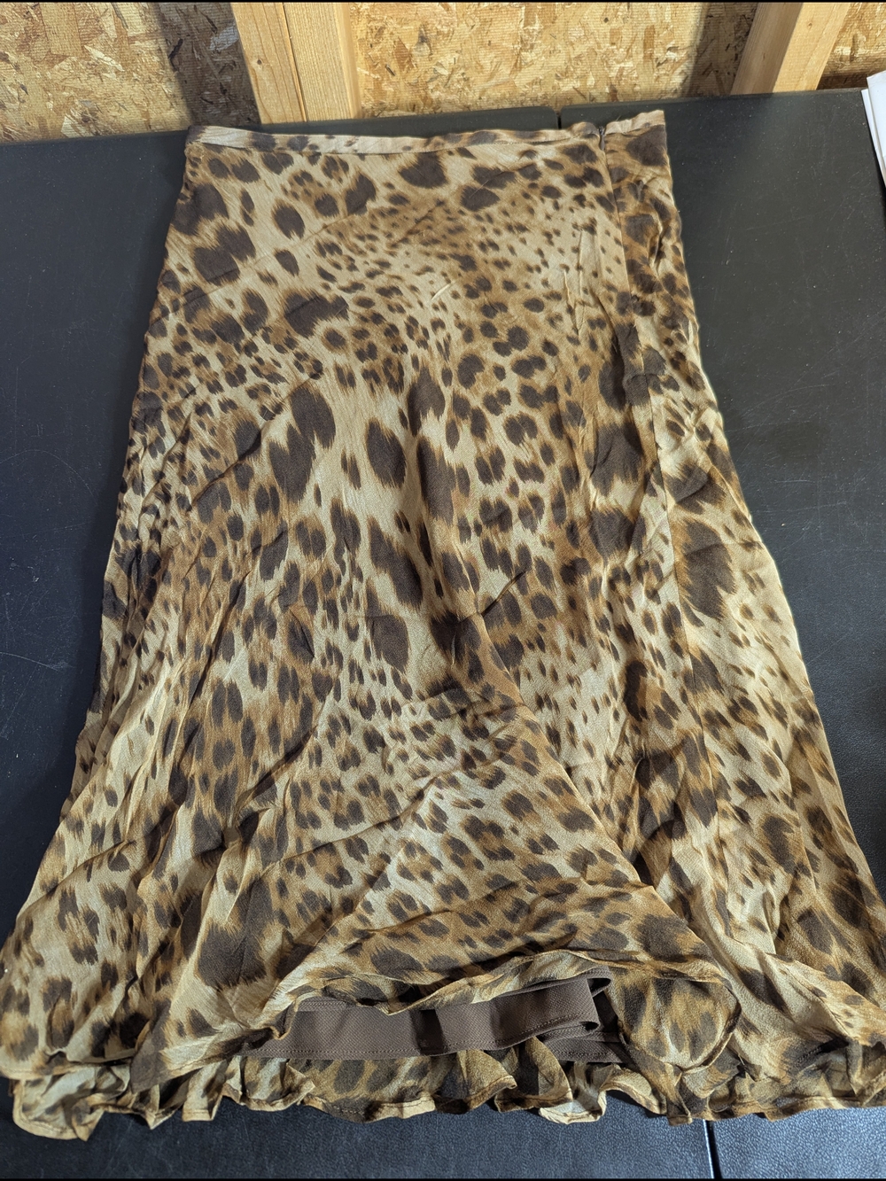 Leopard Print Brown Silk Midi Skirt